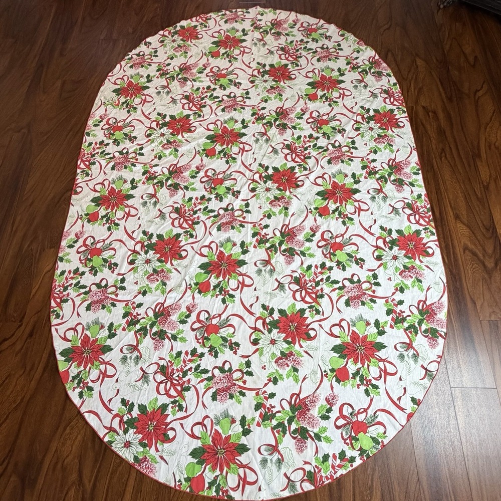 VTG Christmas Tablecloth Oval 58x89 Poinsettia Holly Ribbon Doves Holiday Decor